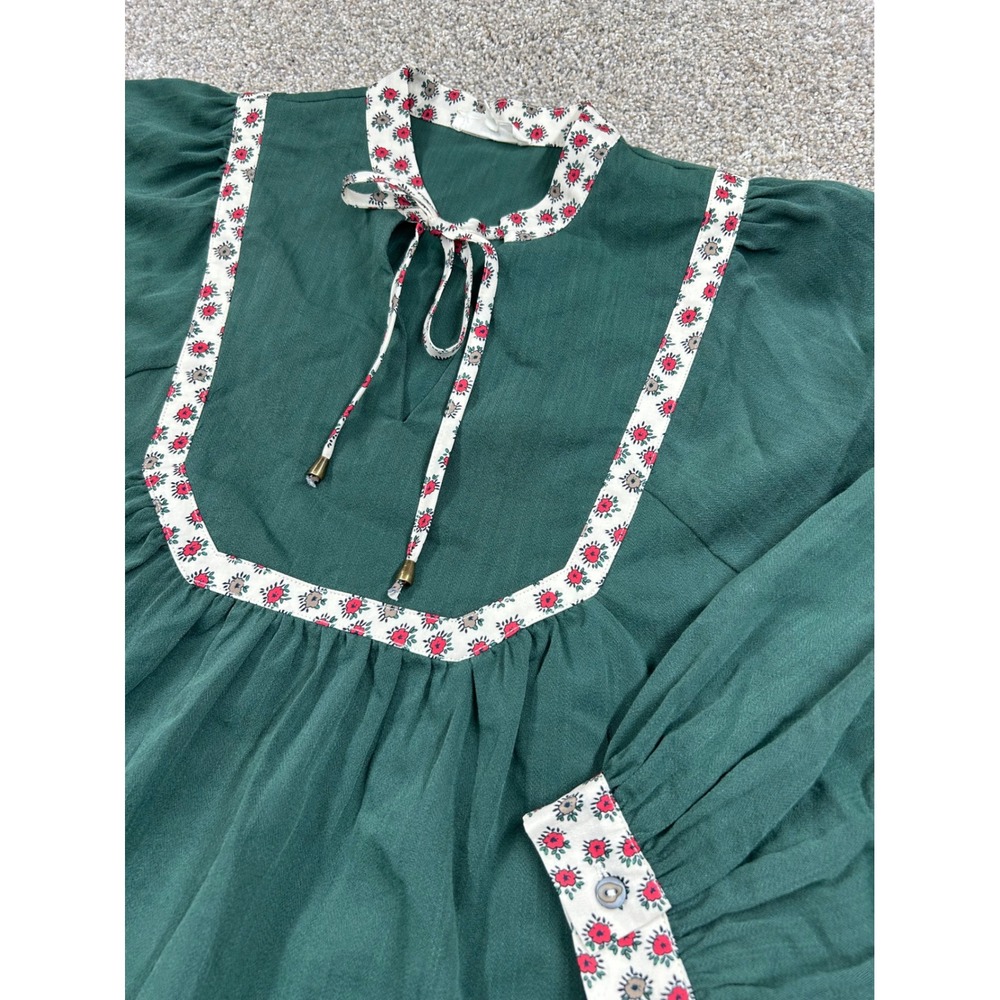 Entro Womens Forest Green Floral Trim Peasant Blouse Long Sleeve Small #0824